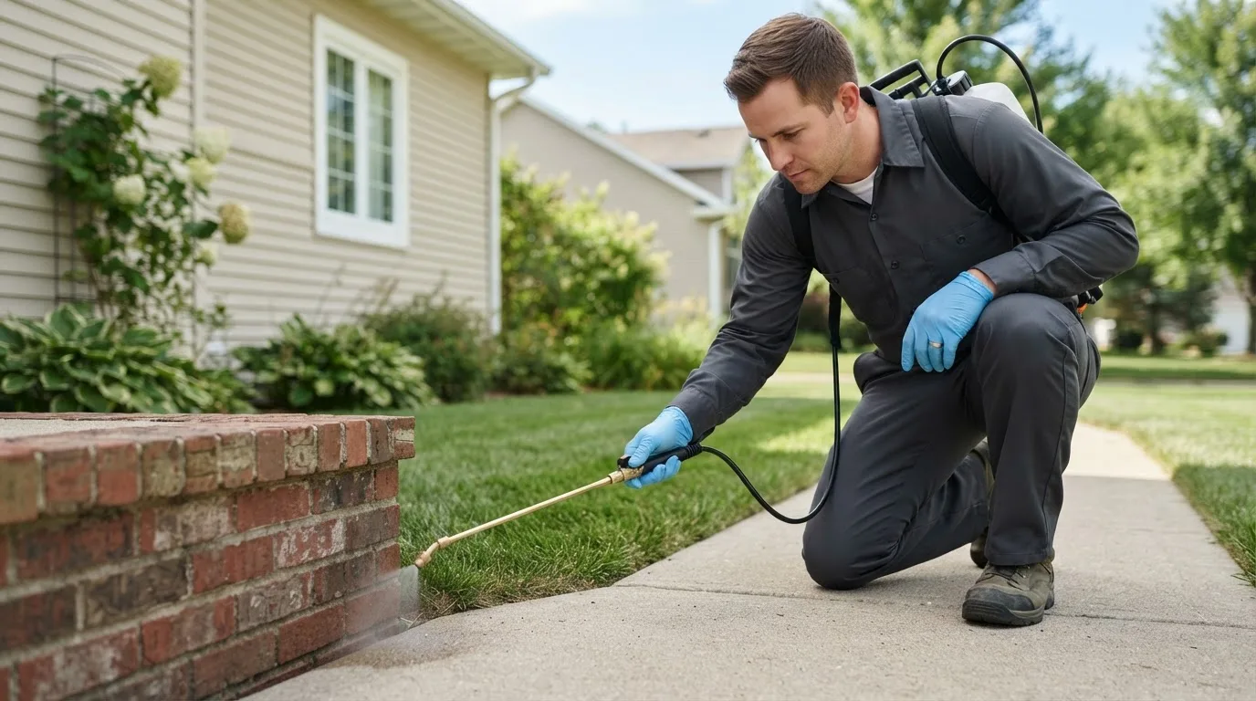 Pest control technician treating a home near Dwight, NE